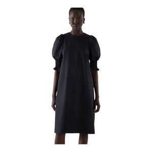 COS Women's 3/4 Puff Sleeve Round Neck Navy Blue Midi Shift Dress size 14